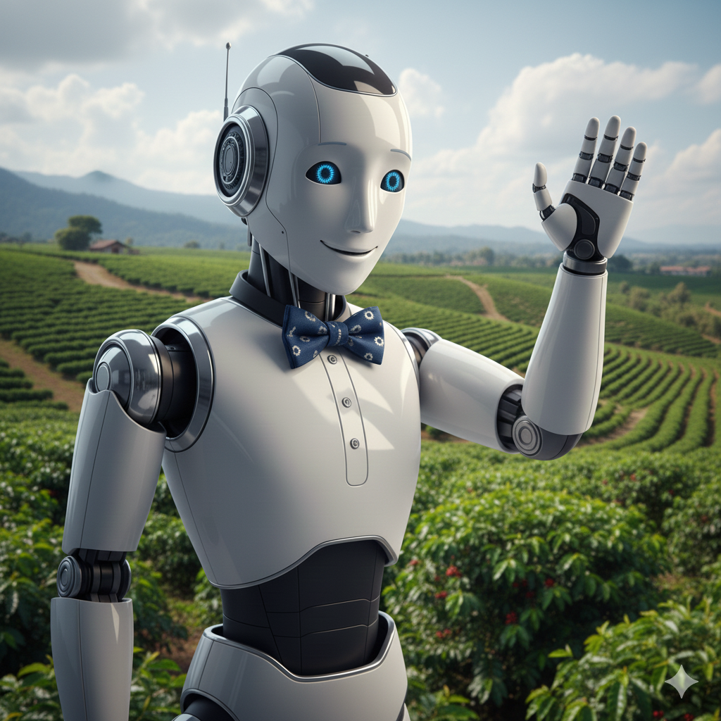Agente Virtual - Robot asistente con ojos azules saludando en un campo verde